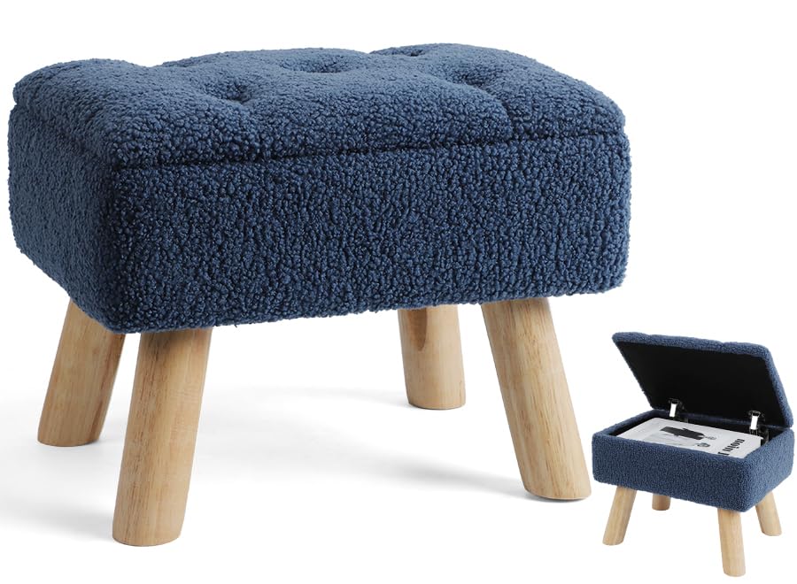 OGEMXU Storage Ottoman, Small Foot Stool Ottoman with Storage, Boucle Teddy Velvet Foot Rest with Padded Seat, Sturdy Wood Legs Stool for Living Room, Bedroom, Couch, Enterway (Cream) Dormly