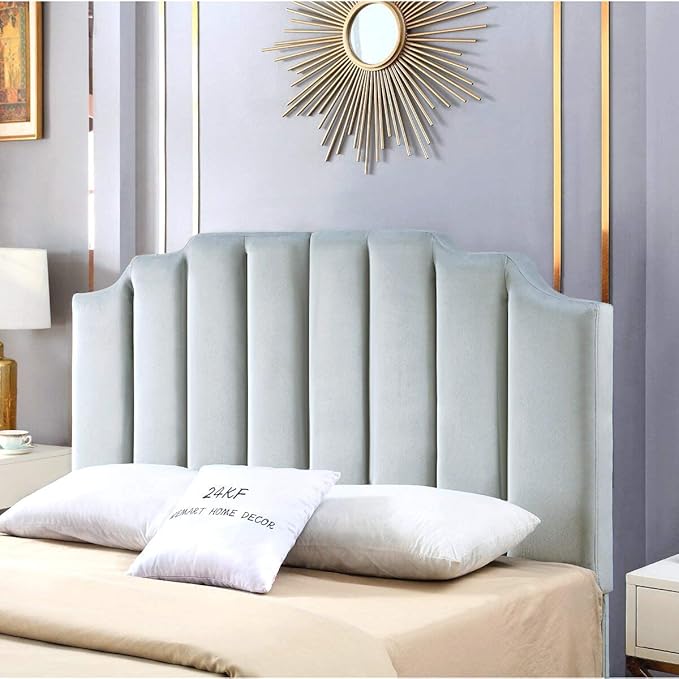 24KF Steel Gray Velvet Tufted Queen Upholstered Headboard, Modern Vertical Channel Design California Queen/Full Headboard with Stepped Silhouette Top Edge, 6026-Q-New Steel Gray