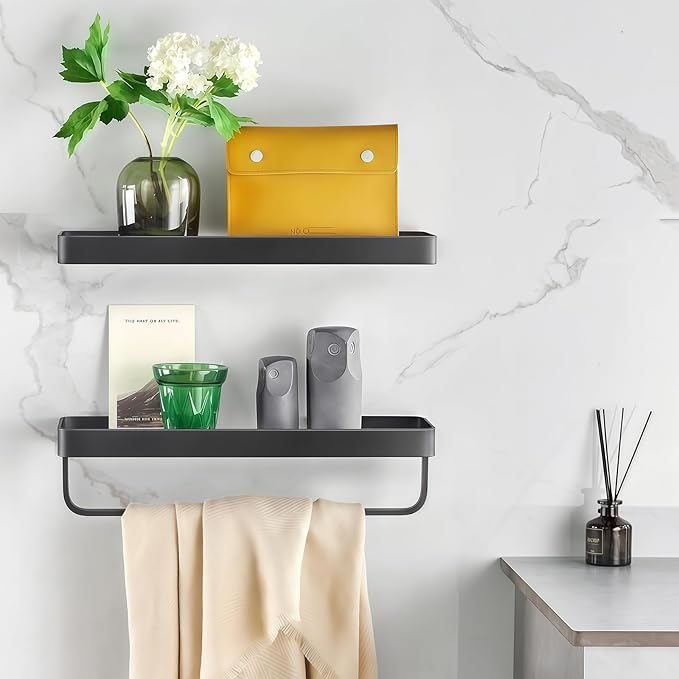 2PCS 15.7 Inch Floating Bathroom Shelves with Towel Bar, Clear Tempered Glass Wall Shelf with Hand Towel Holder for Bathroom Storage Organizer, Matte Black
