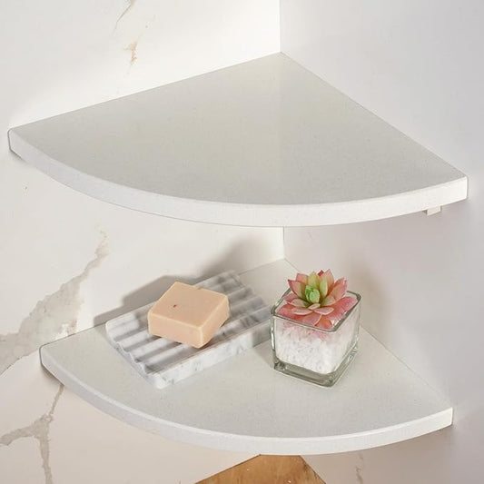 Koville 2 Pcs Wall Mounted White Marble Corner Shower Shelf for Bathroom, 10'' Polished Marble Corner Shelves for Bath, Stone Corner Shower Caddy - White Cliff (No Glue Included)