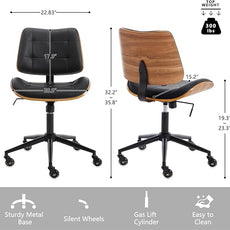 Home Office Desk Chair with Wheels, Adjustable Height Armless Office Chair, PU Leather Mid Back 360° Small Computer Chair, Modern Walnut Chair No Arms for Office, Reading Meeting Room(Black)