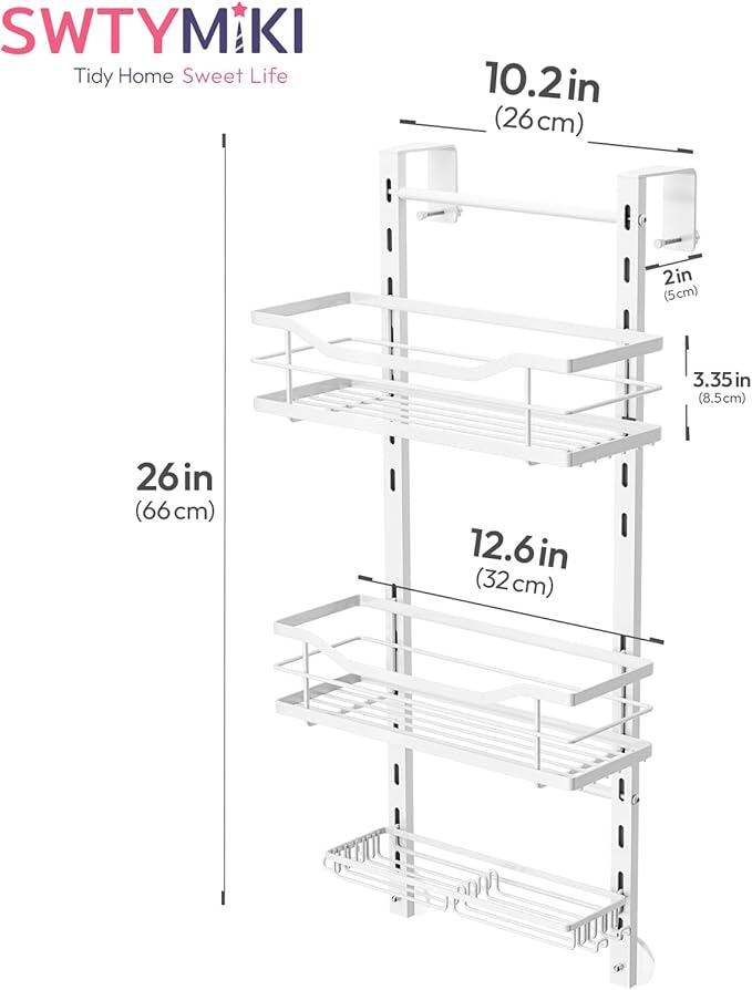 SWTYMIKI Over the Door Shower Caddy - 3 Tier Adjustable Shower Organizer Hanging with Soap Holder, No Drilling Stainless Steel Bathroom Hanging Caddy for Body Wash, Shampoo, Soap, Razor, White