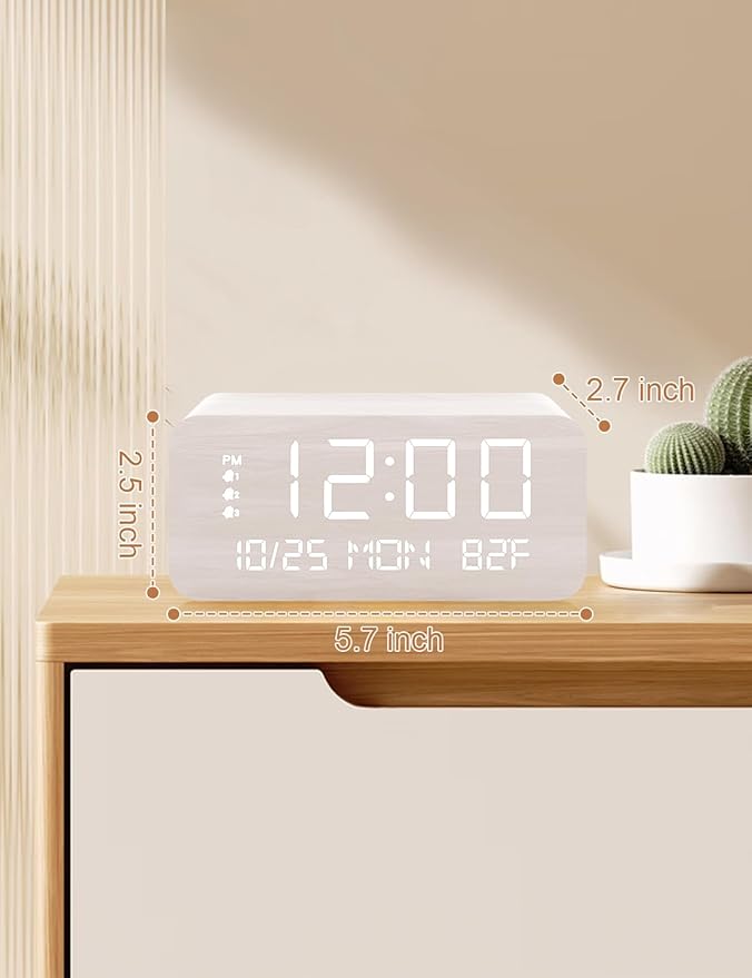 JALL Digital Alarm Clock, with Wooden Electronic LED Time Display, 3 Alarm Settings, Humidity & Temperature Detect, Wood Made Electric Clocks for Bedroom, Bedside, Desk (White-Wireless)