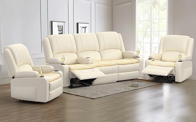3 Seater Recliner Sofa Set with 2-Tier Cushion, 3+1+1 Pieces in Living Room, 3 Seater Reclining Couch Leather with Removable Console, 2 Oversize Recliner Chair Sofa Seat