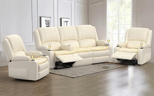 3 Seater Recliner Sofa Set with 2-Tier Cushion, 3+1+1 Pieces in Living Room, 3 Seater Reclining Couch Leather with Removable Console, 2 Oversize Recliner Chair Sofa Seat