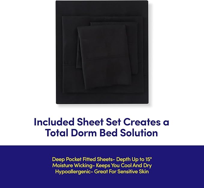 Dorm Room Essentials College Bedding Comforter Set 7 Piece Full Size Bed in a Bag for College Students Boys and Girls, Full, Black