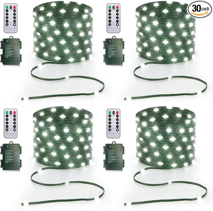 Battery Operated String Lights (4 Pack), 16.5ft 50 LED Fairy String Lights Battery Powered with Remote & Timer for Indoor Outdoor Christmas Trees Wreath Decoration Bedroom Patio - Cool White