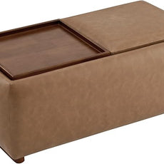 CHITA Storage Ottoman with Tray Lids, FSC Certified Small Rectangular Bench for Living Room, Bedroom, Faux Leather in Saddle Brown