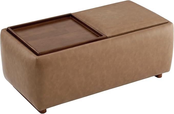 CHITA Storage Ottoman with Tray Lids, FSC Certified Small Rectangular Bench for Living Room, Bedroom, Faux Leather in Saddle Brown