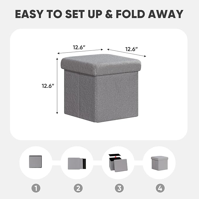 PINPLUS Storage Ottoman Cube Square Shaped Ottomans with Storage Foot Stool Footrest for Lving Room Boucle Ottoman Seat for Dorm Room,Faux Teddy Fur Grey,12.6"x12.6"x12.6"