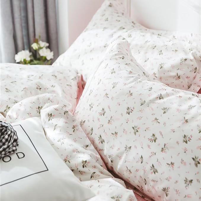 MKXI Pink Floral Girls Comforter Set Cute Bed Quilt Set Fluffy Bedding Set White Patterned Comforter 68"x90" Simple Twin Size Comforter Set