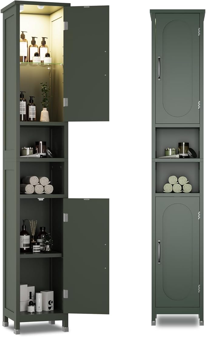 67" Tall Bathroom Storage Cabinet with Lights, Slim Narrow Bathroom Cabinet Organizer with Doors and Adjustable Shelves, Tall Cabinet for Small Space (66.9" Tall-Green with Light, 1 Pack)