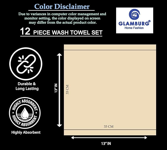 GLAMBURG Ultra Soft 12-Piece Washcloths Set 13x13-100% Ringspun Cotton - Durable & Highly Absorbent Face Towels - Ideal for use in Bathroom, Kitchen, Gym, Spa & General Cleaning - White