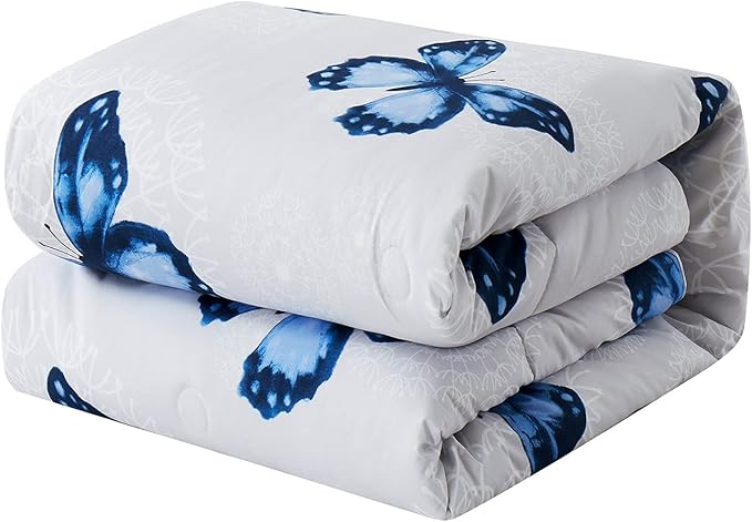 ARTALL Butterfly Pattern Bed in A Bag Bedding 8 Piece King Comforter Sets 1 Comforter, 2 Pillow Shams, 1 Flat Sheet, 1 Fitted Sheet, 1 Bed Skirt, 2 Pillowcases,Blue