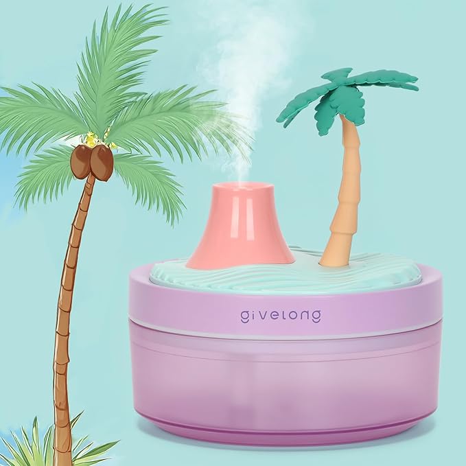 Cute Mini Humidifier, 320ml Coconut Tree Desktop Humidifiers for Bedroom, Portable Small Cool Mist Humidification for Home, Baby Nursery, Office & Indoor Plants, USB Powered