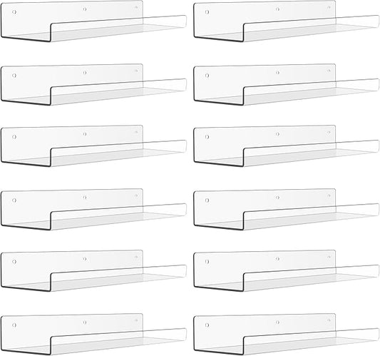 upsimples 12 Pack Acrylic Shelves Wall Organizer and Storage, 15" Display Shelf for Figure, Toy Cars, Perfume, Kids Bookshelf for Bedroom, Nursery, Craft Room, Clear