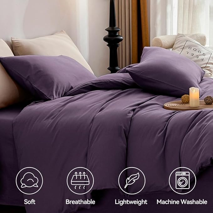 JELLYMONI Purple Bedding Duvet Cover Set - 100% Washed Cotton Linen Like Textured California King Comforter Cover, 3 Pieces Soft Bedding Set with Zipper Closure (Purple, Cal King 104"x98")