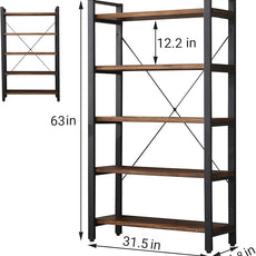 5 Tier Bookcase, Solid Wood Bookshelf Rustic Vintage Industrial Etagere Bookcase, Metal and Wood Free Vintage Bookshelf, Retro Brown (5-Tiers)
