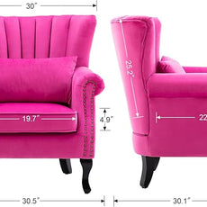 Mid Century Accent Chair Modern Tufted Wingback Armchair Club Chair Velvet Fabric Single Sofa Lounge Chair with Pillow for Living Room Bedroom, Rose Pink
