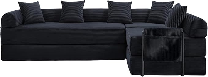 106" Oversized Convertible Sleeper Sofa Bed, Corduroy L Shape Sectional Couch, Folding Sofa Bed with Side Pocket, Modern Cloud Floor Mattress Couch, Modular Sofa for Living Room, Black