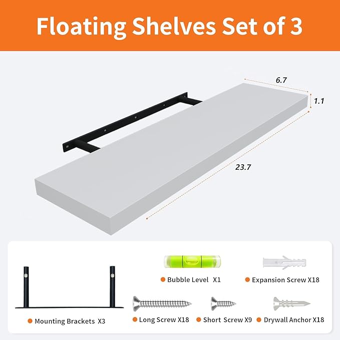 Floating Shelves for Wall Set of 3, 24" White Wall Shelves for Home Decor, Frame Display White Floating Shelf for Living Room, Bedroom, Bathroom, Kitchen