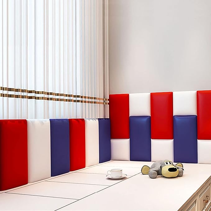 3D Anti-Collision Wall Padding, Peel & Stick Upholstered Panels, Queen Headboard, Playroom Decorative Protection, Pack of 2 Panels - 23.6' X 11.8' (Red)