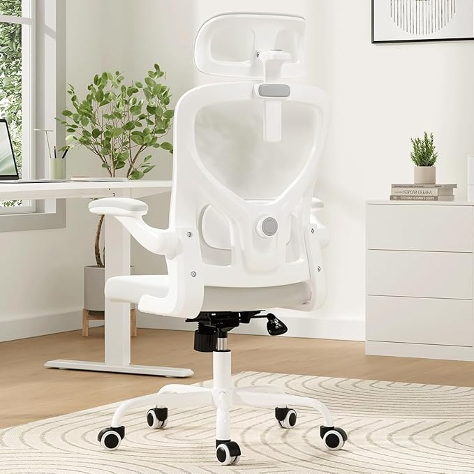 Soohow Office Chair, Ergonomic Office Mesh Desk Chair with Adjustable Back Support, High Back Comfy Computer Swivel Chair with Headrest, Lumbar Support for Study Room, Gaming and Office, White White
