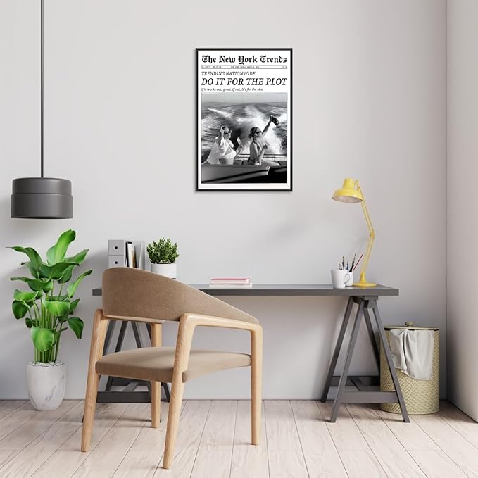 Retro New York Trends Wall Art Black and White Newspaper Poster Do It for The Plot Canvas Prints Funky Feminist Posters Trendy College Wall Decor for Bar Cart Hot Girl Dorm Room Decorative 12x16inch black framed