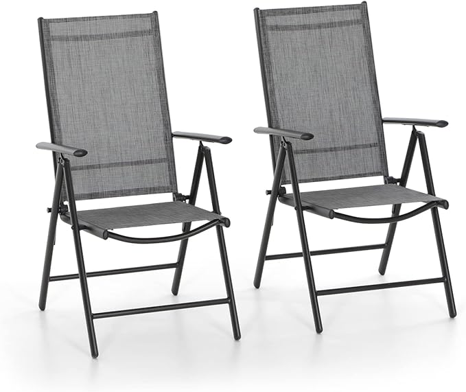 MFSTUDIO Patio Folding Dining Chairs Set of 2, Outdoor Patio Chairs, Portable Grey Sling Patio Chairs, 7 Levels Adjustable Sling Back Chairs for Garden Lawn Deck