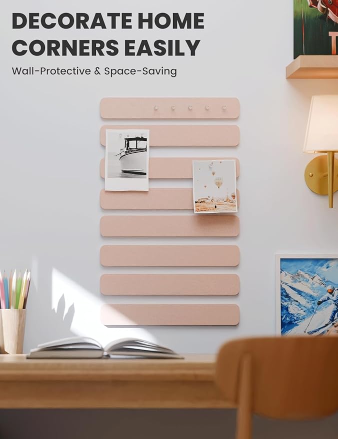 Cork Board Alternative Felt Strip Board 8-Pack 13"x2", Office Pin Board with 50 Push Pins, Adhesive Install for Bedroom Door & Home Office(Pink)