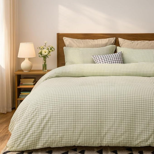 Green Plaid Duvet Cover Set Queen Size Checkered Grid Comforter Cover 100% Washed Cotton Bedding Set 3Pcs Ultra Soft Breathable Quilt Set Rustic Farmhouse Boho Cozy Bedroom Decor Gifts for Women Men