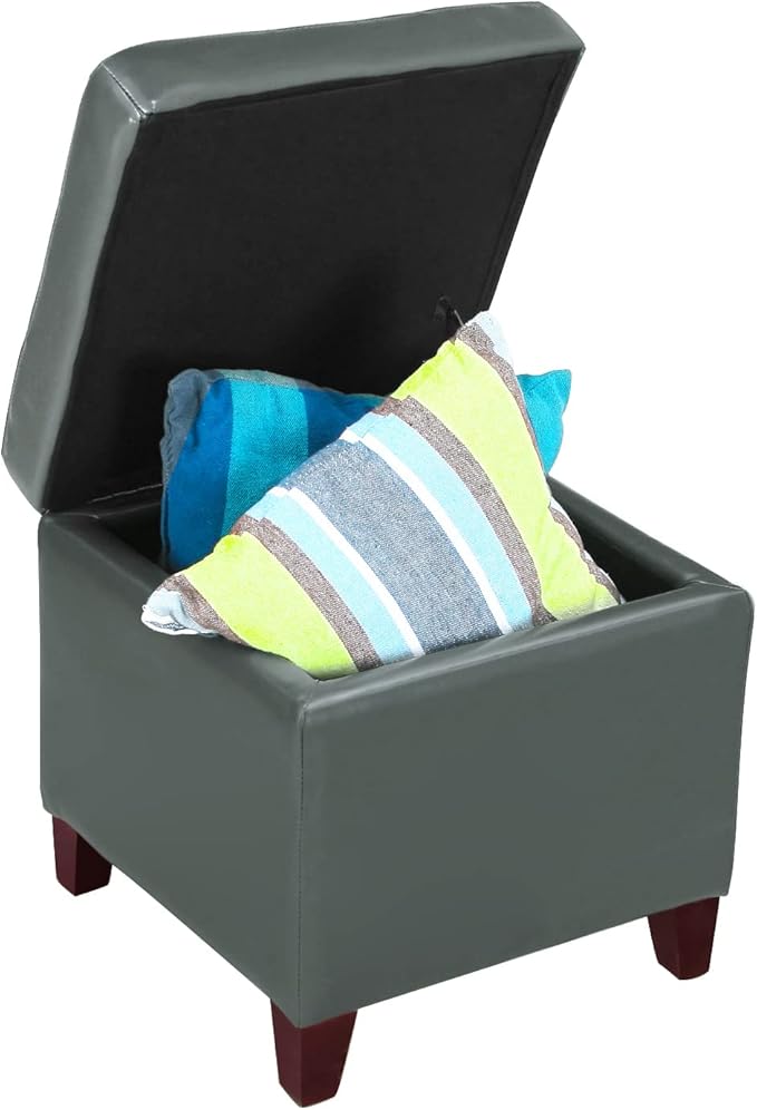 18x18 Faux-Leather Square Storage Ottoman with Hinged Lid Padded Lift Top Footstool, Grey Cement