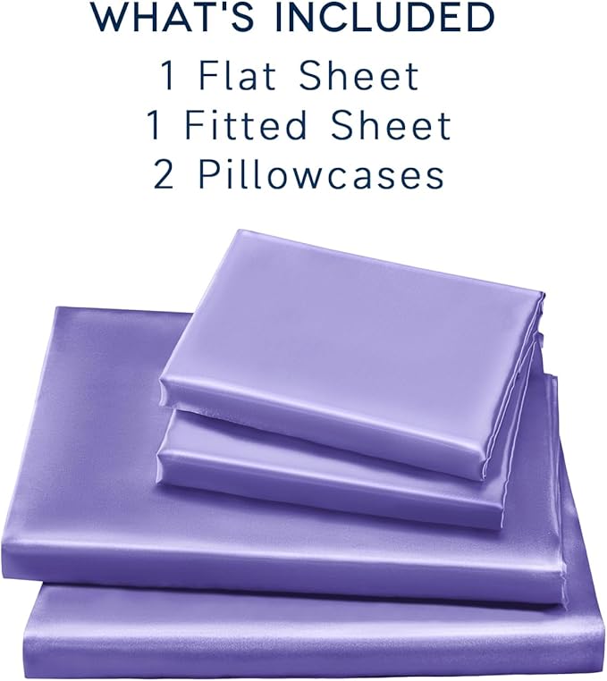Satin Sheets Full Size - 4 Pieces Luxury Silky Soft Bed Sheets, Wrinkle-Free Lavender Satin Silk Sheet Set with 1 Deep Pocket Fitted Sheet, 1 Flat Sheet, 2 Pillow Cases