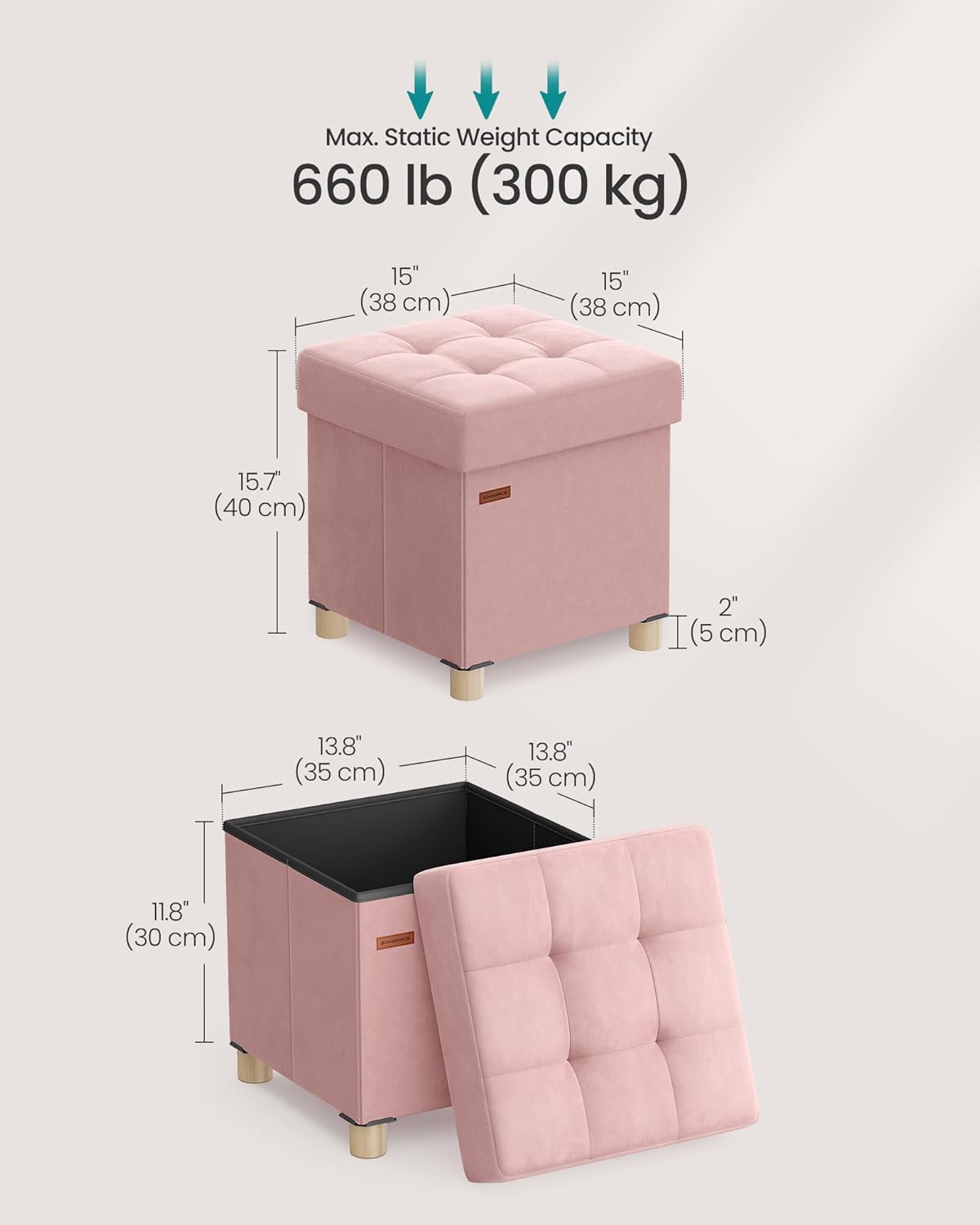 SONGMICS Small Storage Ottoman, Folding Ottoman Cube, 15 x 15 x 15.7 Inches, Footstool, Footrest, 9.8 Gal. (37 L), Velvet Surface, for Bedroom, Living Room, Dorm, Jelly Pink ULSF0516R01