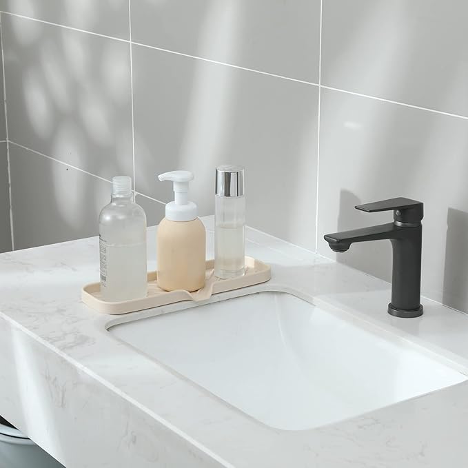 Silicone Bathroom Soap Dishes with Drain Spout-Bathroom and Kitchen Sink Organizer,Sponge Holder,Dish Soap Tray,Perfect for Dispenser,Scrubber,Bottle,Cup on Sink or Counter-Tapioca 12"×4"