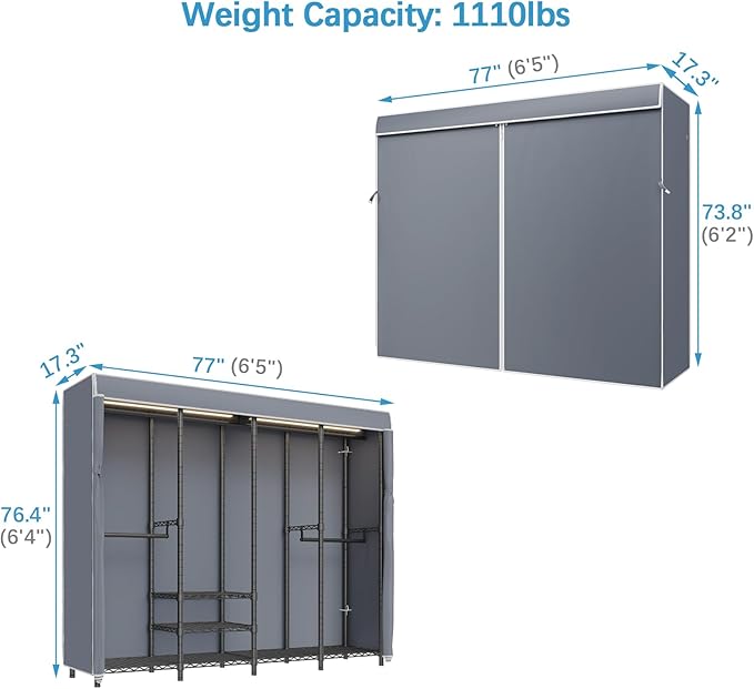 VIPEK V40LC Covered Clothes Rack with Dimmable LED Lights, Heavy Duty Garment Rack with Cover Portable Closet Wardrobe Clothing Racks for Hanging Clothes, Black Closet Racks with Grey Oxford Cover