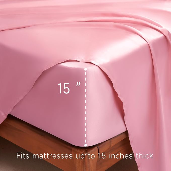 Satin Sheets Full Size - 4 Pieces Luxury Silky Soft Bed Sheets, Wrinkle-Free Light Pink Satin Silk Sheet Set with 1 Deep Pocket Fitted Sheet, 1 Flat Sheet, 2 Pillow Cases