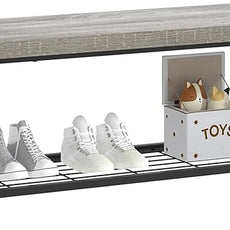 FOLUBAN Entryway Bench, Rustic Wood and Metal Shoe Storage Bench for Hallway Front Door Entrance, Industrial Indoor Bench for Bedroom Living Room, 43.3 Inch Light Grey