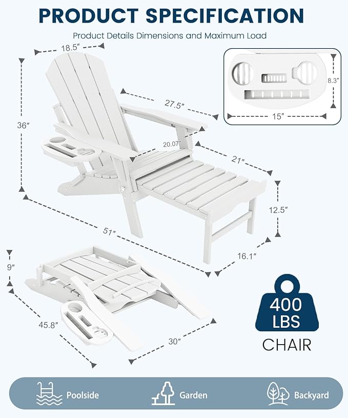 FOOWIN Folding Adjustable Adirondack Chair with Retractable Ottoman Set of 2,HDPE Adirondack Chair w/4 in 1 Cup Holder Trays,All-Weather Resistant Fire Pit Chair for Outdoor Patio Lawn, White