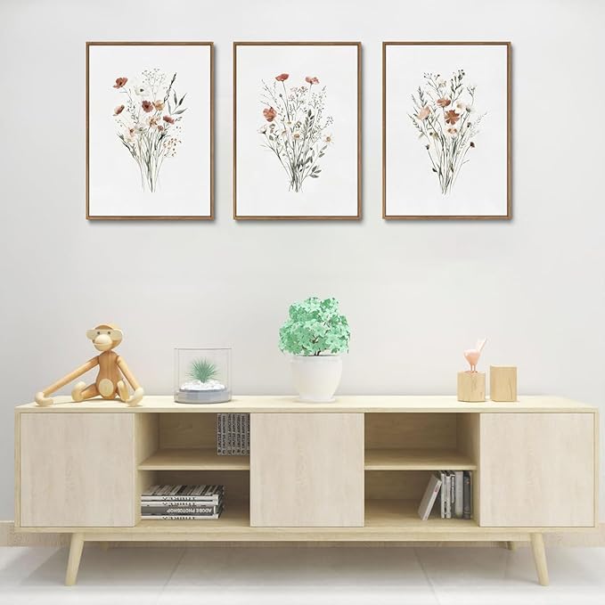 KISSFOX Framed Wildflower Wall Art Floral Canvas Wall Art Flower Pictures Wall Decor Watercolor Daisy Botanical Paintings Set of 3 for Bedroom Bathroom Living Room
