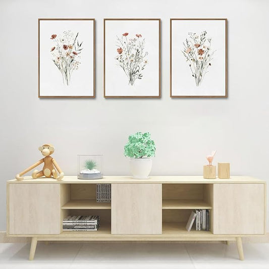 KISSFOX Framed Wildflower Wall Art Floral Canvas Wall Art Flower Pictures Wall Decor Watercolor Daisy Botanical Paintings Set of 3 for Bedroom Bathroom Living Room
