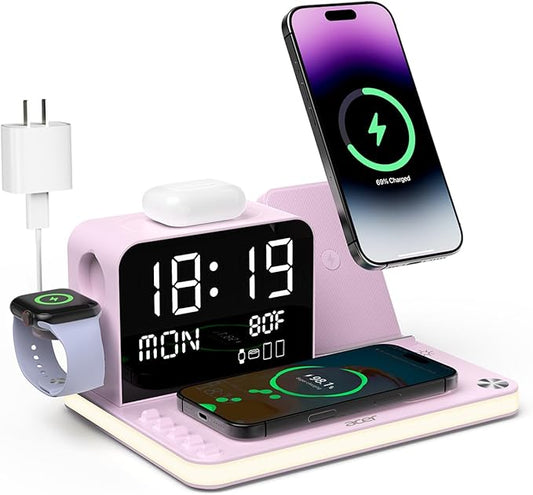 Acer 7-in-1 Wireless Charging Station with LED Clock - 30W Fast Wireless Charger for iPhone 16/15/14/13/12/Pro Max, Apple Watch, AirPods - Bluetooth Auto Time Sync & Night Lights (Purple)