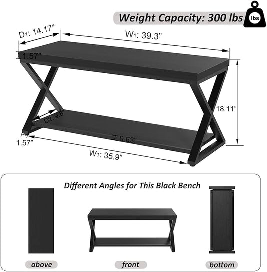 IBF Black Bench for Entryway, Black Modern Wood Bench for Bedroom Hallway Foyer, Farmhouse Entry Way Home Organizer Shoe Bench Seat with Storage Rack Indoor Under Window, 39 Inch Long
