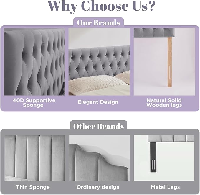 Kingfun Upholstered Queen Headboard Only, Premium Velvet Button Tufted Headboards, Adjustable Solid Wood Head Board, Padded Headboard with Solid Wood Legs in Bedroom (Gray)