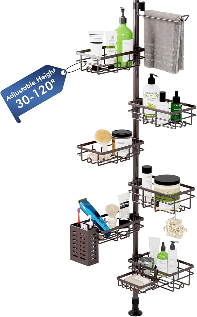Corner Shower Caddy Tension Pole,Adjustable 30-120 Inch Bathroom Organizer Storage,Rustproof 6-Tier Shower Corner Shelves,Towel Rack, Toothbrush Holder, Soap Dish Organizers