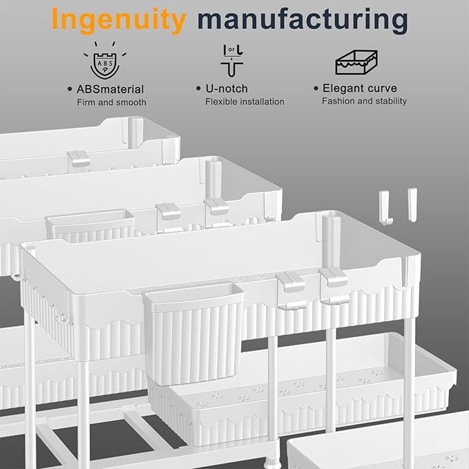 3 Pack Under Sink Organizers, 2-Tier Multi-Use Kitchen and Bathroom Organizers and Storage with Sliding Drawers，Bathroom Cabinet Organizer (White, 14.8 Inch)