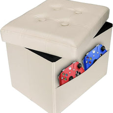 AmasSmile Storage Ottoman Folding Foot Rest Stool with Side Pocket, 16 inches Leather Footstool Bench, Short Ottoman Bench, Storage Foot Rest Store, Books, Beige