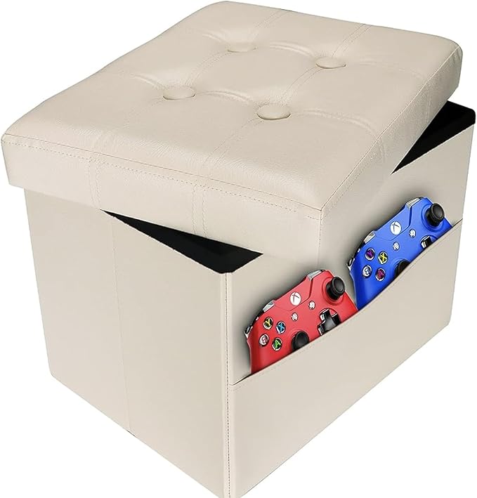 AmasSmile Storage Ottoman Folding Foot Rest Stool with Side Pocket, 16 inches Leather Footstool Bench, Short Ottoman Bench, Storage Foot Rest Store, Books, Beige