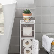 AOJEZOR Toilet Paper Holder Stand: Free Standing PVC Bathroom Cabinet - Small Bathroom Storage for Apartment Dwellers - White