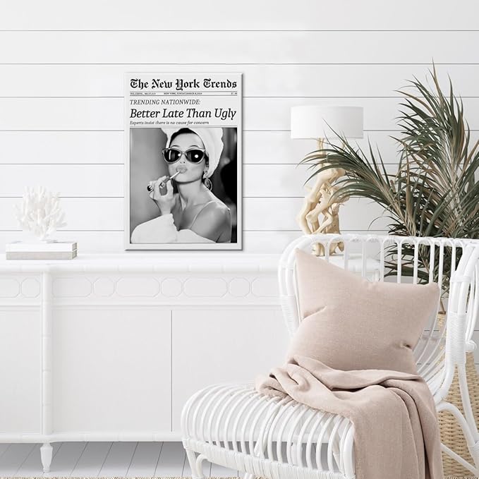 New York Trends Wall Art Black and White Newspaper Better Late Than Ugly Poster Canvas Prints Funky Feminist Posters Trendy College Wall Decor for Bar Cart Girl Dorm Room Bathroom Decorative 12x16inch Framed